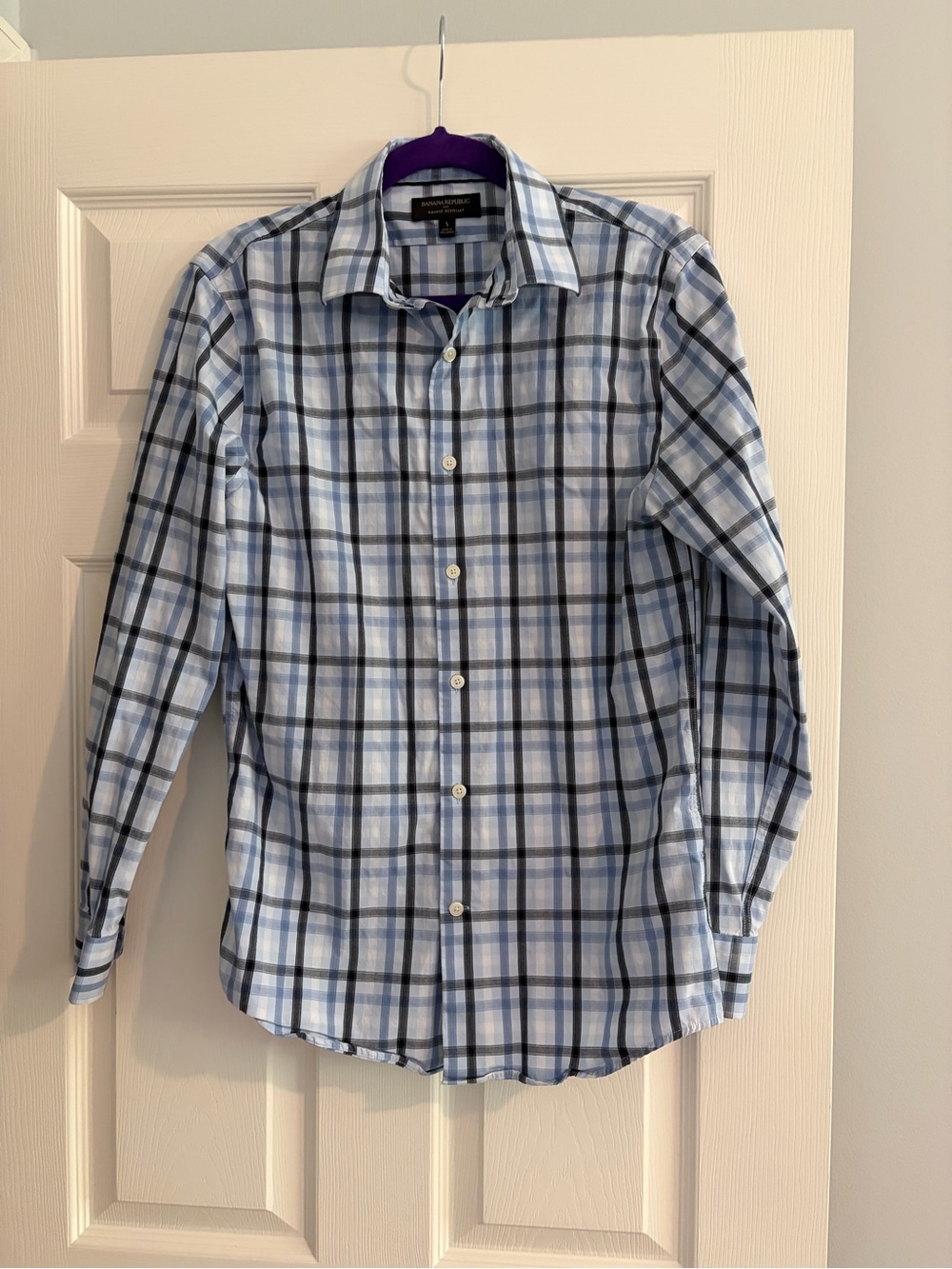 Banana Republic Light Blue and Navy Plaid Dress Shirt